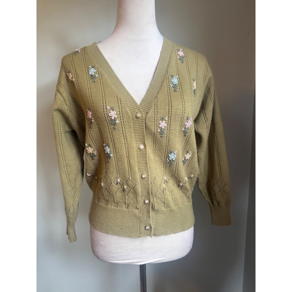 Simple Retro Olive Green Floral Embroidered Cardigan Sweater S cottage dainty y2
